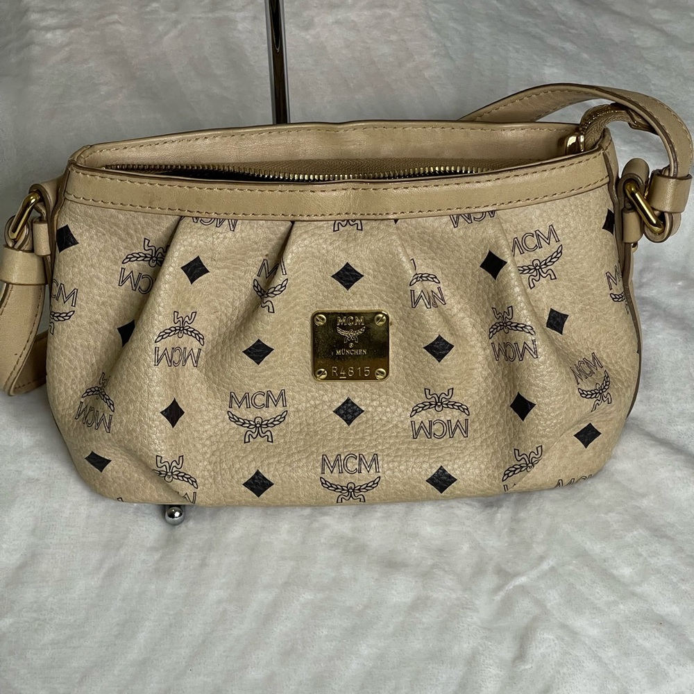 MCM Beige Logo Pleated Shoulder Bag with Black Motif